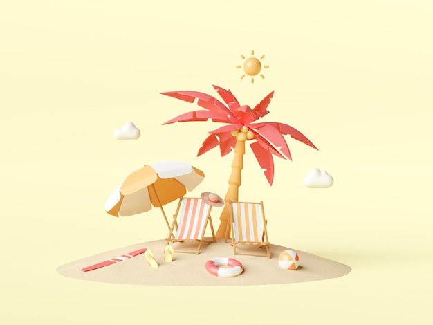Concetto di vacanza estiva sedie a sdraio e accessori sotto la palma sull'illustrazione 3d della spiaggia