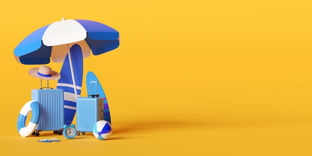 Concetto di vacanza estiva, ombrellone e accessori da viaggio su sfondo giallo, illustrazione 3d