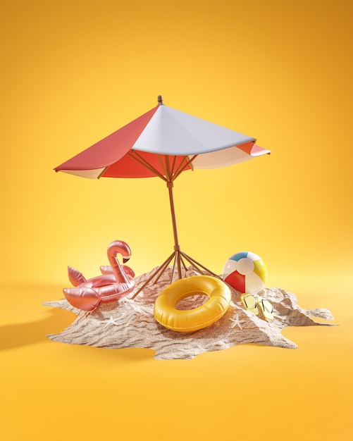 Photo summer vacation concept. beach umbrella yellow backdground 3d rendering