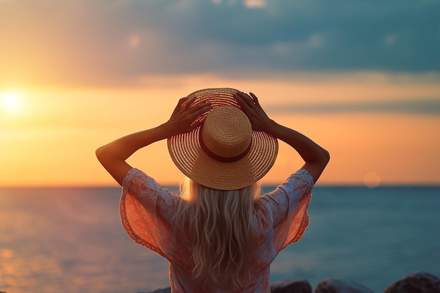 Summer vacation concept at the beach A woman in a hat relaxes with her arms raised