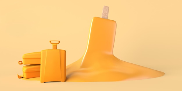 Summer vacation concept with melted orange ice cream and travel suitcases Copy space 3D illustration