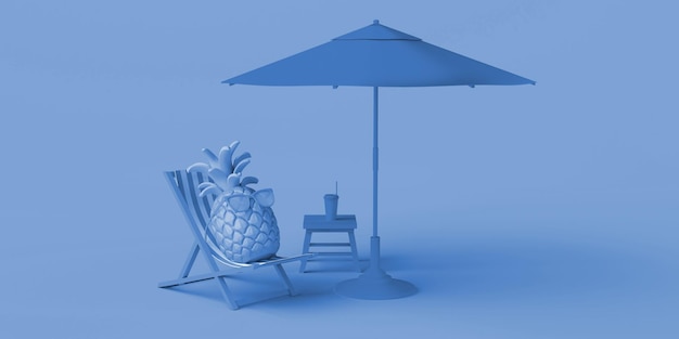 Summer vacation concept with pineapple with sunglasses on beach chair with soda and umbrella Copy space 3D illustration