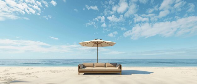 Summer vacation concept with sand beach sea and sky background 3D rendering of a sofa and umbrella on a sand beach with a sea and sky background