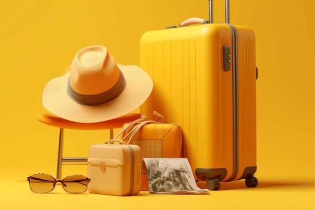 Summer vacation concept with suitcase sunglasses and hat on yellow background 3d rendering