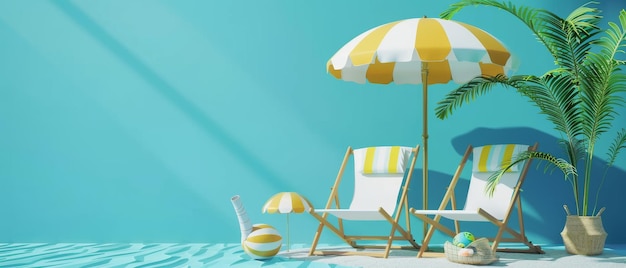 파란색 배경에 우산 의자 및 해변 액세서리와 함께 여름 휴가 개념 3d 소프트웨어를 사용하여 만들어진 이미지