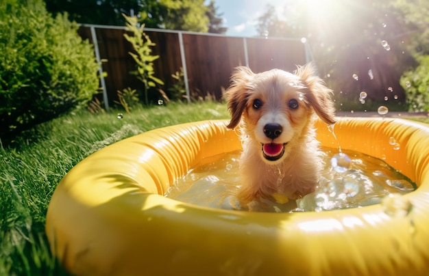 田舎での夏休み、幸せな犬がインフレータブルプールで泳ぐ