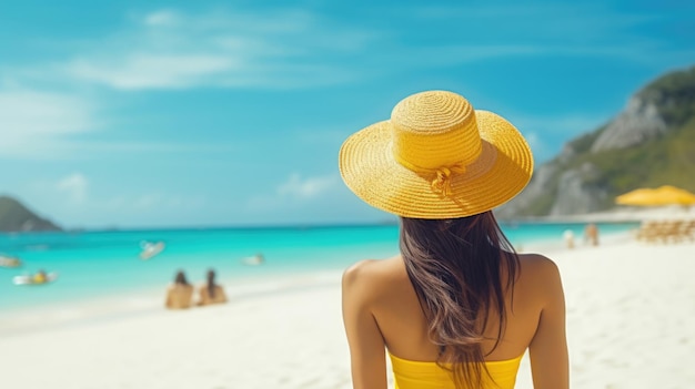 Summer vacation happy carefree joyful bikini woman arms outstretched in happiness enjoying tropical beach destination holiday girl sitting with sun hat relaxing from behind on caribbean vacation