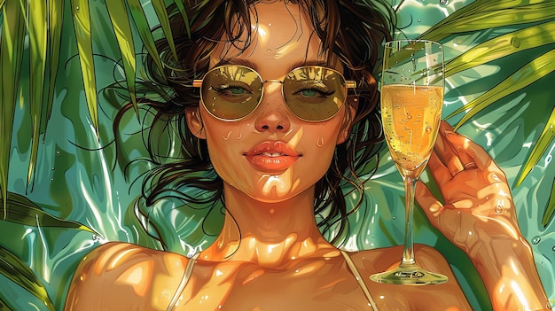 Во время летних каникул улыбающаяся девушка держит в руке стакан шампанского, плавая в бассейне на фоне пальмовых деревьев