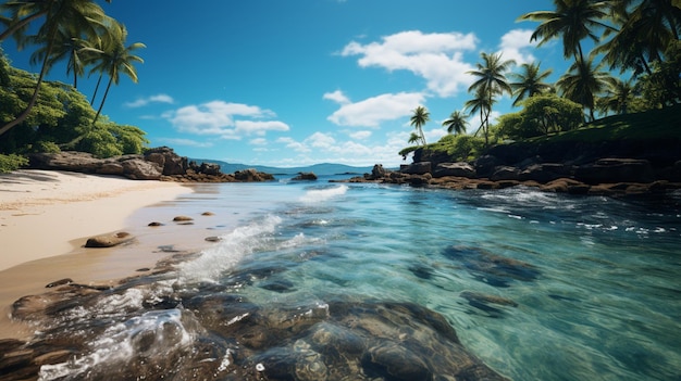 Летние каникулы на тропическом острове с красивым пляжем и пальмами