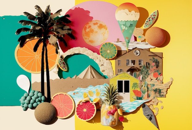 Photo summer vacation unusual trendy art paper collage design generative ai