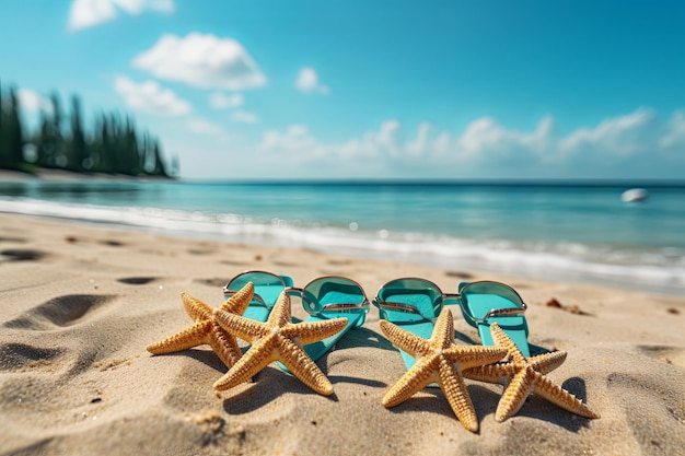 Summer vacation with sunglasses starfish turquoise and beautiful sandy tropical beach against blue sky background
