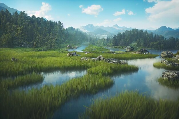 Summer valley with lake green field and lake under blue sky with white clouds