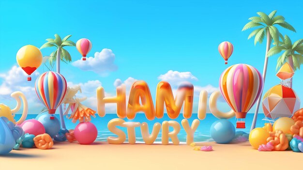 Summer vector banner design concept of 3d text in beach island with summer elements and balloons