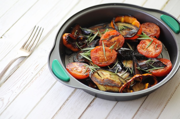 Summer vegetables grilled pan fried eggplant and tomatoes