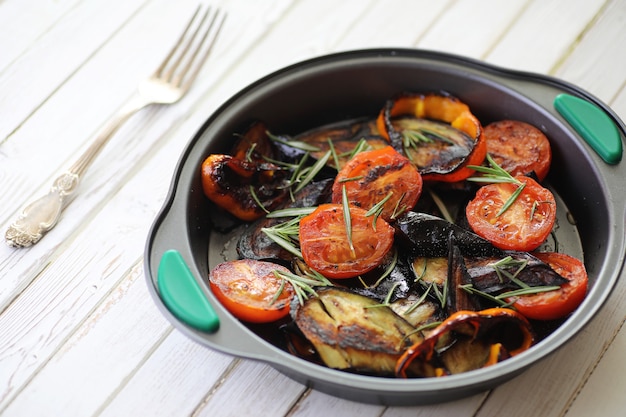 Summer vegetables grilled pan fried eggplant and tomatoes