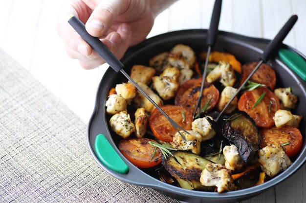 Summer vegetables grilled pan fried eggplant and tomatoes