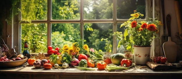 写真 素敵な木製のキッチン窓の窓辺にある夏野菜