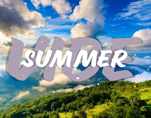 Photo summer vibe concept with text on blue sky and white clouds background