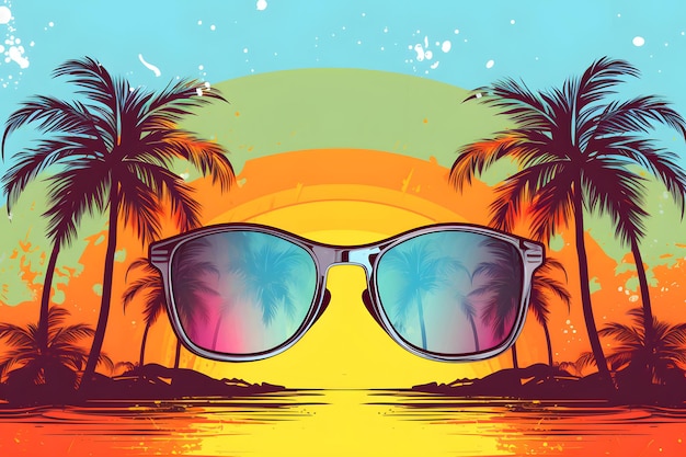 Summer vibe Vector illustrations of sunglasses tshirt print pattern resort and landscape for ba