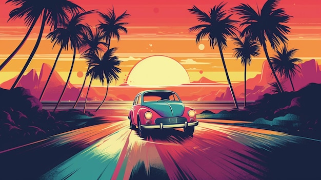 車が乗り入れる夏の雰囲気の 80 年代スタイルのイラスト