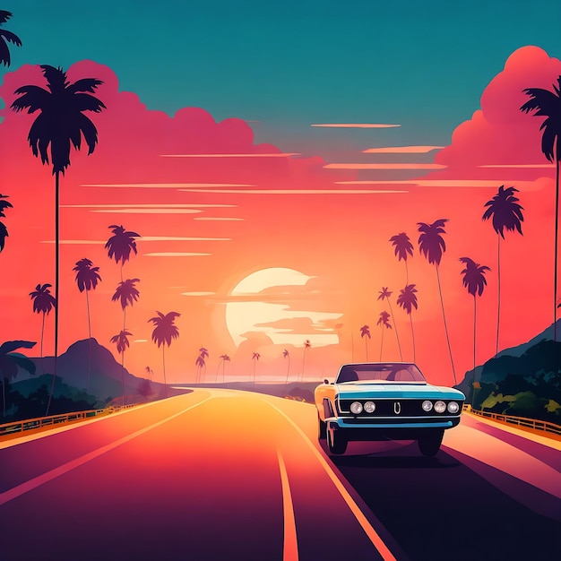 日没に車が突っ込む夏の雰囲気の 80 年代スタイルのイラスト 生成 AI