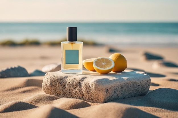 Summer vibes beach themed product placement with a stone podium