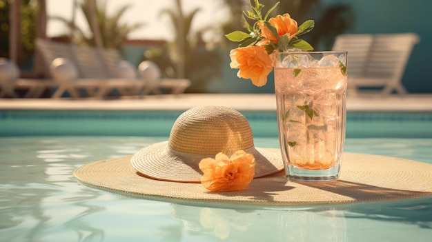 Summer Vibes A Beachside Scene with a Refreshing Drink and a Straw Hat