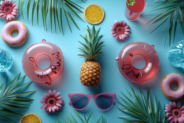 Концепция летних вибраций с красочными аксессуарами для вечеринки в бассейне на фоне профессиональной фотографии