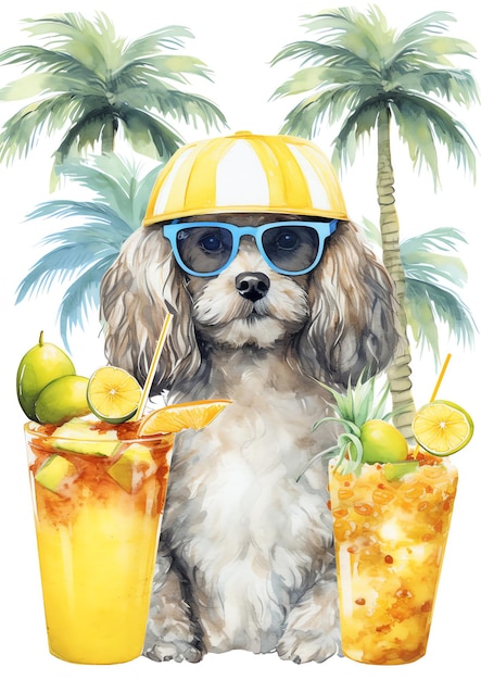 夏の雰囲気の犬種の水彩イラスト