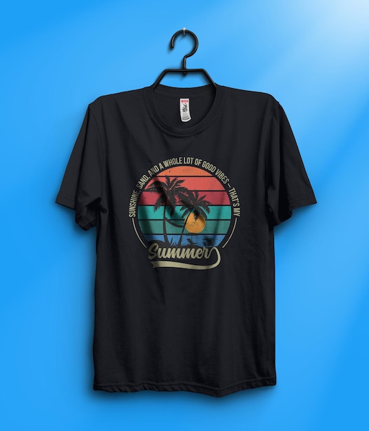 レトロ・サンセットとパーム・ツリーデザインのサマー・バイブス・グラフィック・ティー サマー・Tシャツデザイン
