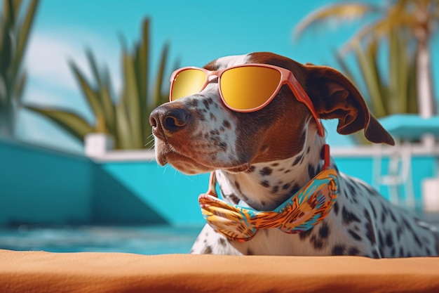 Summer vibes hond in kleurrijk shirt rustend bij het zwembad 3D-rendering