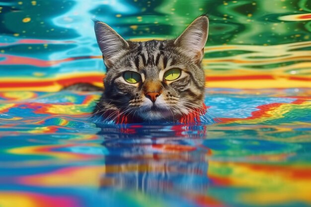 Summer vibes kat gekleed in kleurrijk shirt zwemmen onder water in zwembad 3D-rendering