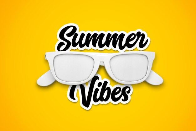 밝은 노란색 배경 3d 렌더링에 흰색 선글라스가 있는 Summer Vibes 메시지