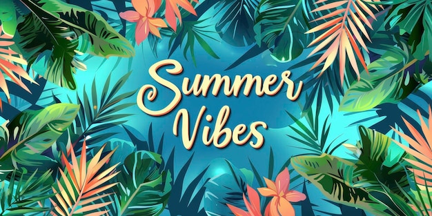 Веб-баннер Summer Vibes с изображением тропических пальмовых деревьев и листьев, вызывающих суть лета