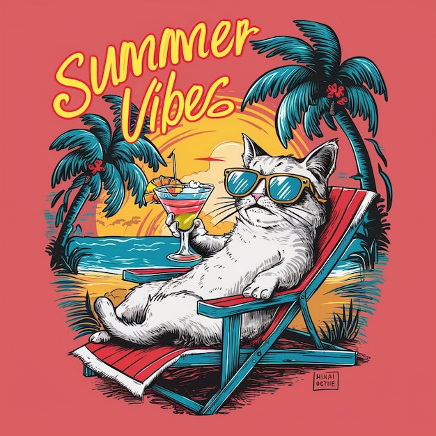 Photo summer vibes a whimsical cat beach party tshirt design
