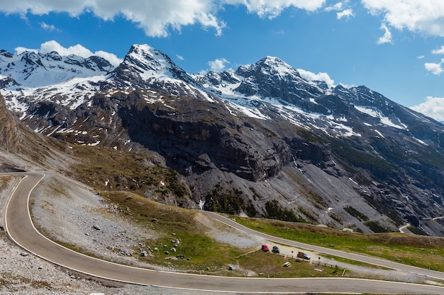 알프스 산 정상, 이탈리아에 전나무 숲과 눈이 Stelvio 패스 고산 도로에서 여름보기.