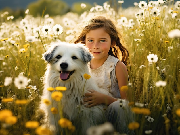 Summer Walk Among White Daisies Girl with Shaggy Dog