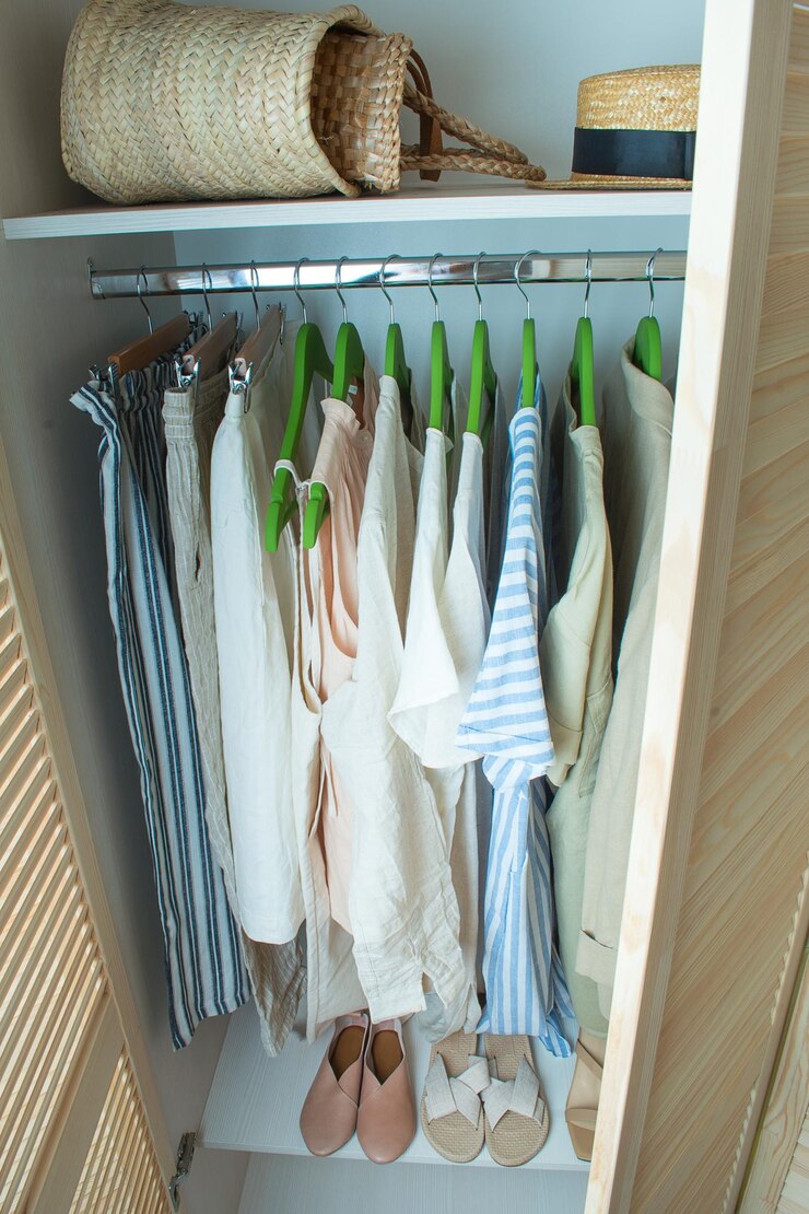 Summer wardrobe with linnen clothes on green hangers