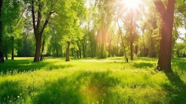 Summer warm landscape with green field and park