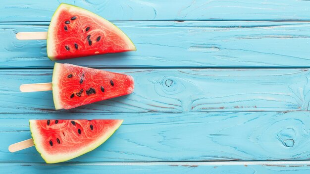 Summer watermelon slice popsicles on a blue rustic wood background Copy space flat lay