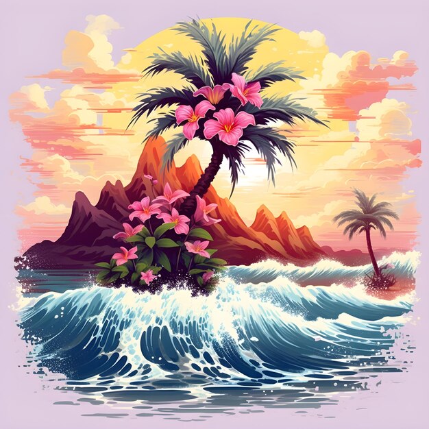 Summer Waves and Palm Tree Clipart