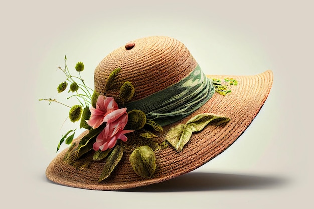 Summer wicker hat with wide brim with flowers