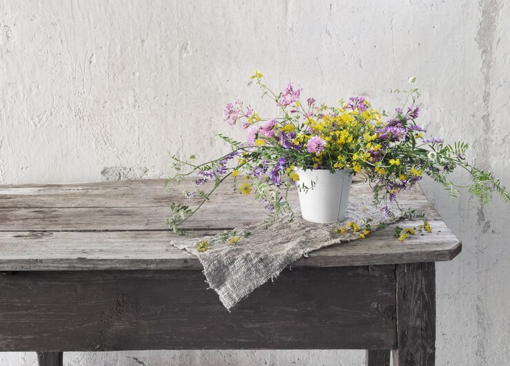 Photo 古い木製のテーブルの上の夏の野生の花