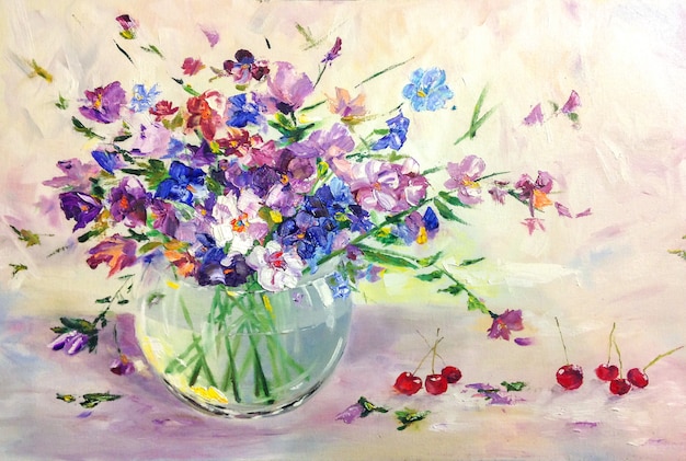 Summer wild meadow flowers bouquet in glass vase, still life oil art painting