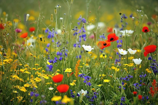 Summer wildflower meadow Colorful summer flowers blooming in green grass