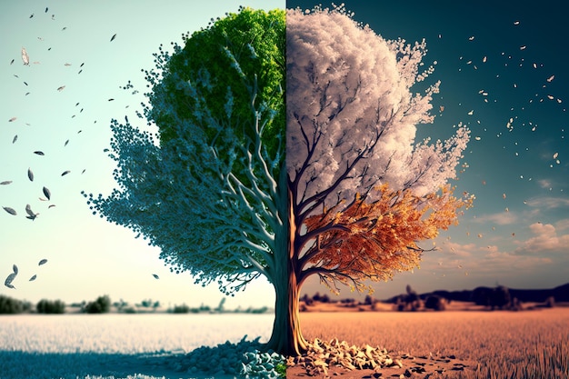 Photo summer and winter mating parts abstract collage with mixed different sides of tree with changing seasons