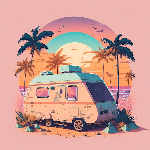 Summer with a caravan in the Atlantic ocean with a sunset palm trees background back view