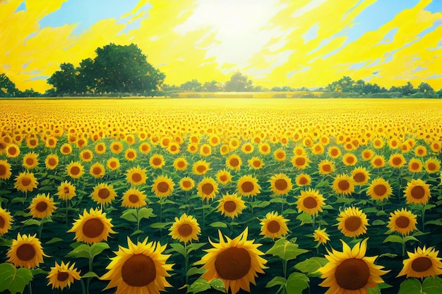 Summer with sunflower field anime art style