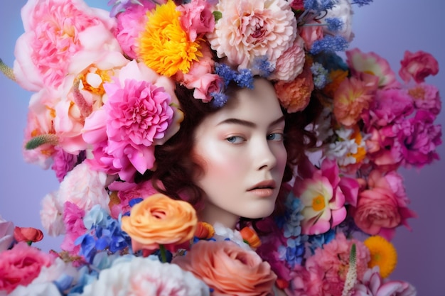 Summer woman vogue portrait fashion peony spring art bouquet flower beauty Generative AI