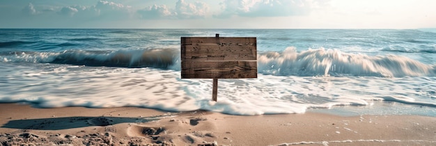 Photo summer wooden board blank sign for copy space at beautiful sandy beach tropical island